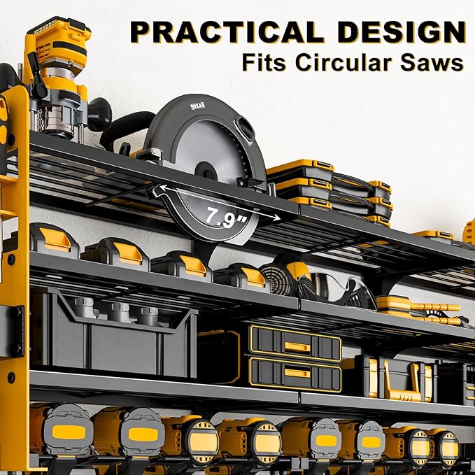 12 Cordless Drill Holder Large Power Tool Organizer Wall Mount with Side Pegboard & Screwdriver Holder, 4-Tier Heavy Duty Metal Tool Storage Rack with 4-Outlet Power Strip