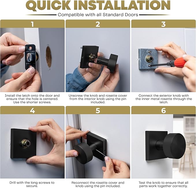 Mega Handles SUANA Passage Door Knob for Hallway, Closet and Bathroom, Reversible Heavy Duty Design Door Knobs, Fits All Standard Door Sizes, Screws Included - Matte Black (1 Pack)