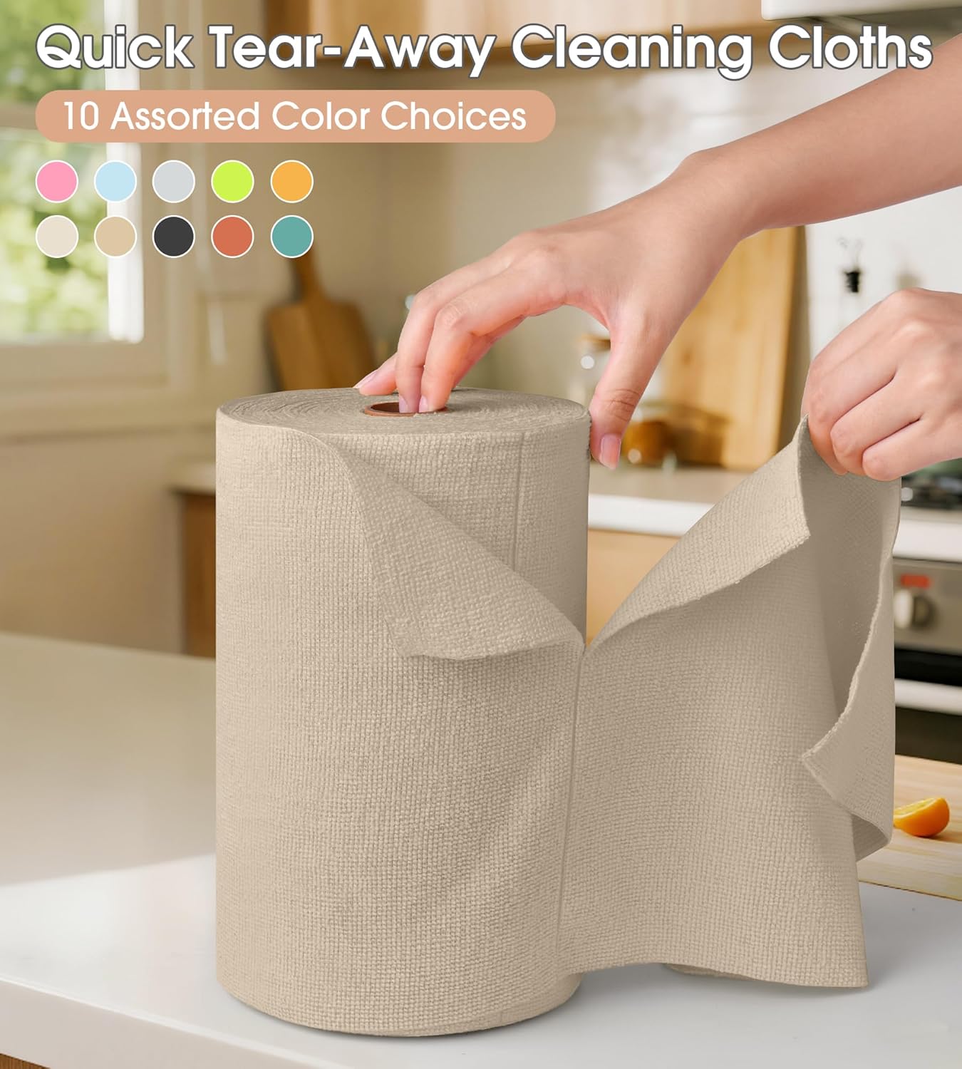 KitchLife Microfiber Cleaning Cloth Roll, 100 Pack - Tear-Away Microfiber Paper Towels, Lint-Free, Reusable, Washable for Kitchen, Car, Dishes, and Sensitive Surfaces (Sand Beige)