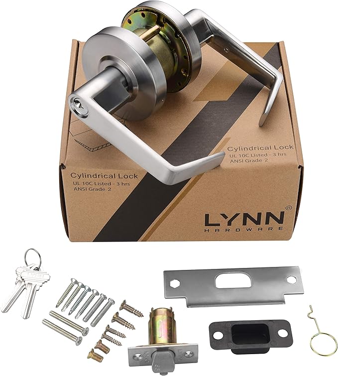LYNN HARDWARE Commercial Door Lever Lock - Heavy-Duty Locking Door Handle, Designer Door Handles, Cylindrical Lever Lock, Non-Handed Grade 2 Door Handle, Satin Chrome, Entrance(Keyed Alike)