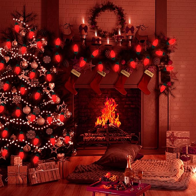 C9 Incandescent Christmas Lights Red Bulb,C9 Red Ceramic Replacement Bulbs for Christmas String Lights Indoor and Outdoor Decorations, E17 Candelabra Base, 7 Watts Night Light Bulbs,25 Pack