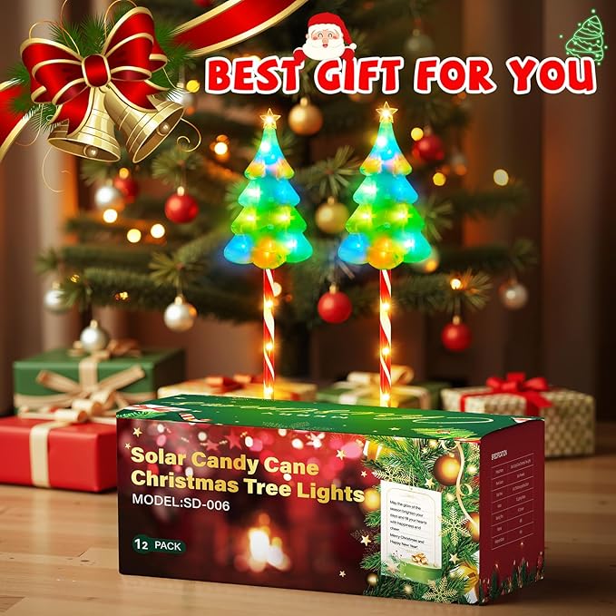 25" Larger Outdoor Christmas Decorations, 6 Pack Colorful Solar Candy Cane Christmas Tree Lights with 10 Lighting Modes and Bright 102 LED, Waterproof Solar Christmas Tree for Pathway Yard