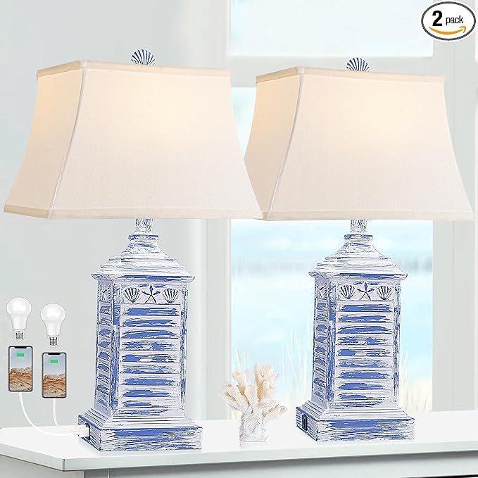 Coastal Table Lamps for Bedrooms Set of 2 Farmhouse Bedside Lamp for Living Room Modern 3-Color Temperature Blue Washed Nightstand End Tables Lamp with USB Ports and AC Outlet (Bulbs Included)