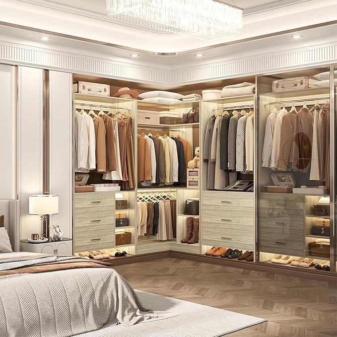 Aheaplus Closet System with 6 Drawers, 4 Hanging Rods & Corner Tower, Corner Closet System with Hanging, 86.8" L-Shaped Walk-In Wardrobe Organizer, 2000+ lbs Capacity, Set of 3, White Oak