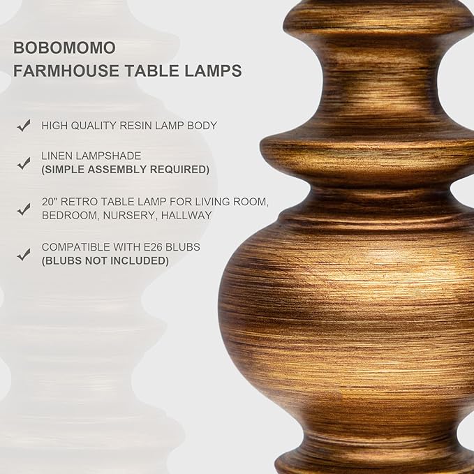 BOBOMOMO 20" Antique Gold Table Lamps Set of 2 – Handcrafted Vintage Bedside Lamps with Linen Shades, Elegant Farmhouse Lamps for Bedroom, Living Room, or Entryway – Perfect for Compact Spaces