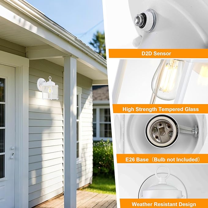 GRUENLICH Dusk to Dawn Outdoor Wall Lantern, Exterior Wall Sconce Light Fixture, Outside Porch Lighting with Clear Glass for House, Patio, White, 2 Pack