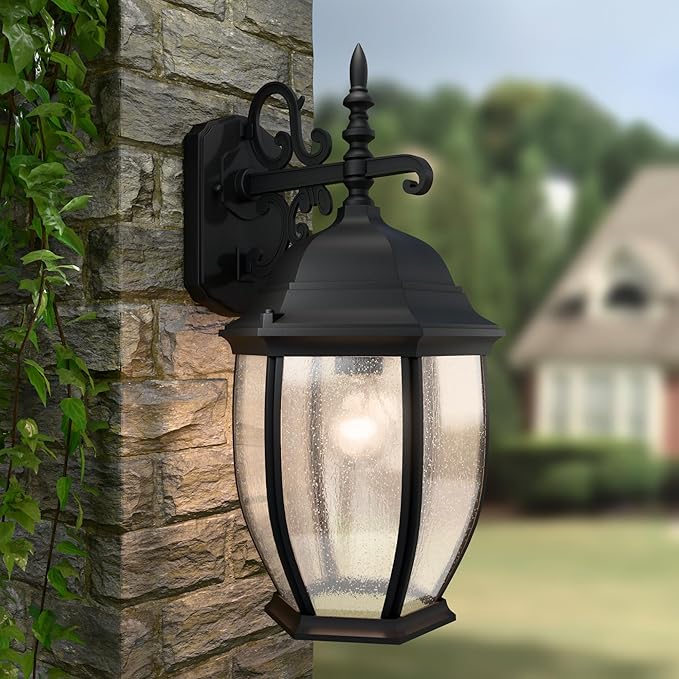 Outdoor Wall Lights, 18inch Waterproof Exterior Lighting Fixtures, Black Large Wall Sconce with Glass Shades, E26 Aluminium Outside Lanterns for Porch Farmhouse Patio Doorway Garage