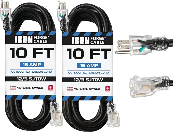 Iron Forge Cable 2 Pack 12 Gauge Outdoor Extension Cord 10 Ft, SJTOW 12/3 Heavy Duty Extension Cord 3 Prong - Oil Resistant & Flame Retardant