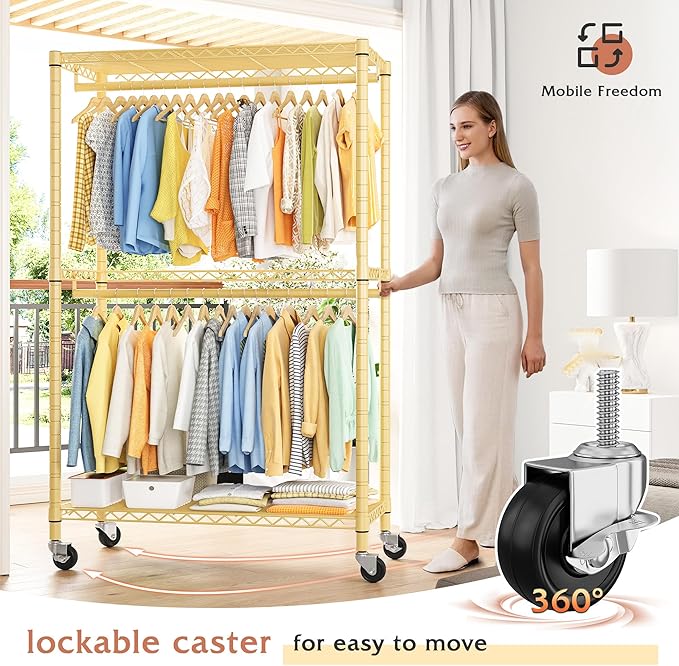 Raybee Clothing Rack with Wheels,Clothes Rack for Hanging Clothes,Portable Closet,2 Shelves,Yellow