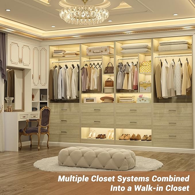 4FT Closet Systems with 5 Wood Drawers, 48 Inch Closet Organizer System with 2 Hanging Rods & 7 Shelves, 48" Walk-in Closet, White Oak (48"L x 15" W x 80" H)