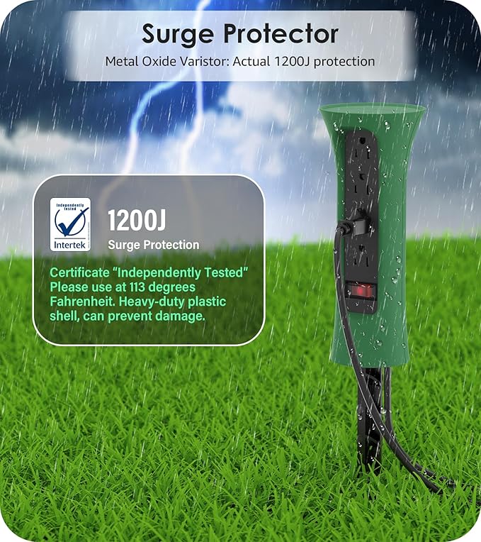 CCCEI Outdoor Power Strip Weatherproof with Stake, Waterproof Extension Cord with Multiple Outlets, Christmas Exterior Garden Decor, Yard, Camping, 4 Plugs, Surge Protector 25FT, Green.