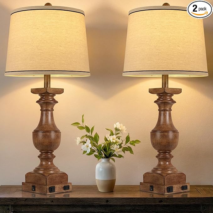 WIHTU Wood Grain Color Table Lamps, 28'' Resin Desk Lamp for Bedroom, Nightstand Lamps Set of 2, Farmhouse Bedside Lamps with Linen Shades, Rocker Switch, Table Lamps with USB A+C Port, Bulb Included