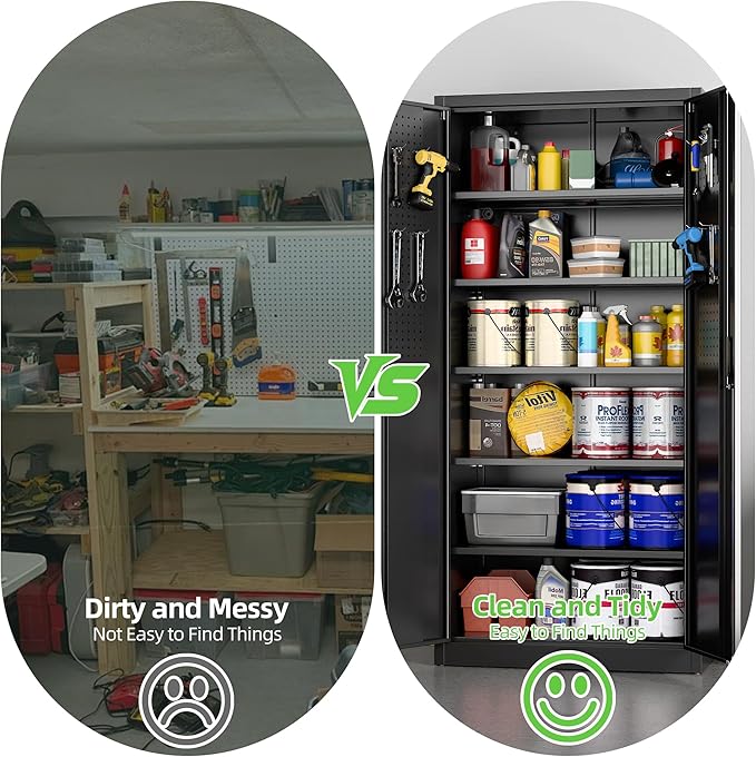 Metal Storage Cabinets with 2 Doors and 5 Adjustable Shelves, 71" H Lockable Garage Storage Cabinet with Pegboard and Hooks, File Cabinet with Lock for Office, Home, Garage, Black