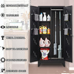 71" Broom Closet Cabinet with Hanging Rod, Tall Black Metal Storage Cabinet for Bathroom, Utility Room, and Garage