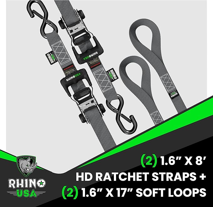 Rhino USA Ratchet Straps Heavy Duty Kit (2-Pack) - 1.6 Inch x 8 Feet (5,208lb Break Strength) - Ultimate Tie Down Straps with Safety S Hooks for Trucks, ATV, UTV, Motorcycle, Cargo & More - Gray