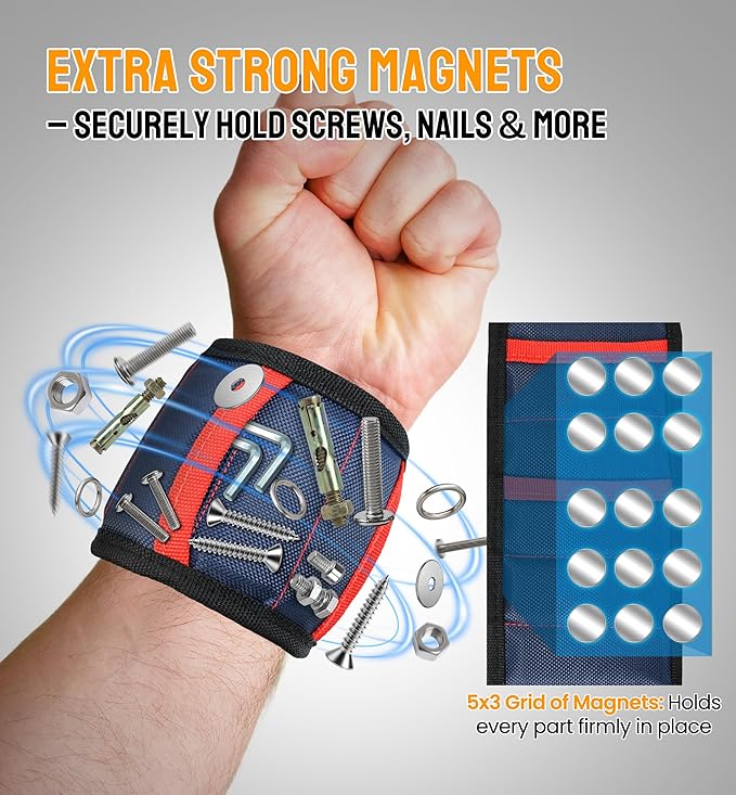 HiRui Magnetic Wristband for Tools – Ultra-Strong 15 Neodymium Magnets Hold Screws, Nails & Bits, Dual Pockets – Hands‑Free for DIY, Home Repairs, Auto – Gift‑Ready for Dad, Husband, Grandpa (Blue)