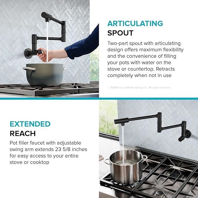 KRAUS Bolden 2 Handle Pot Filler Faucet with Retractable Arm, Wall Mount Kitchen Faucet, Pot Filler for Over Stove in Matte Black, KPF-5003MB