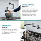 KRAUS Bolden 2 Handle Pot Filler Faucet with Retractable Arm, Wall Mount Kitchen Faucet, Pot Filler for Over Stove in Matte Black, KPF-5003MB