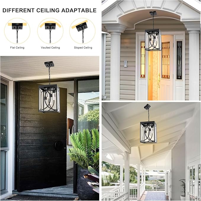 4-Lights LED Large 5CCT Outdoor Pendant Lights, Black Hanging Porch Lighting Fixture Build-in LED Chips with Clear Glass, Exterior Lantern Chandelier Ceiling Mount for Front Door Patio Garden