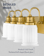 Bathroom Light Fixtures 4-Lights, HWH Brushed Gold Vanity Light Modern Bathroom Vanity Lights Over Mirror, 26'' Antique Brass Vanity Light with Frosted White Bell-Shaped Fluted Glass, 5HZG106B-4W BG