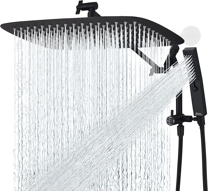 G-Promise All Metal 16 Inch Shower Head with Massage Mode Handheld, Rain Shower Head with Handheld Spray Combo, 3-Way Diverter with Pause Setting, 12 Inch Adjustable Extension Arm (Matte Black)