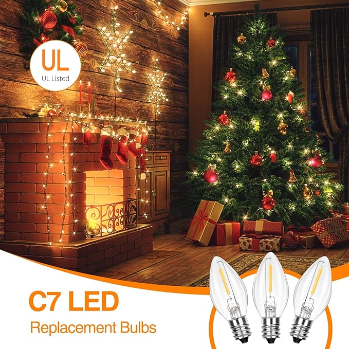 C7 LED Replacement Bulbs, Clear Christmas & Halloween Light Bulbs for Outdoor String Lights, Patio Xmas Tree Wedding Holiday Party Decor, E12 Candelabra Base, 2700K Warm White, 12 Pack