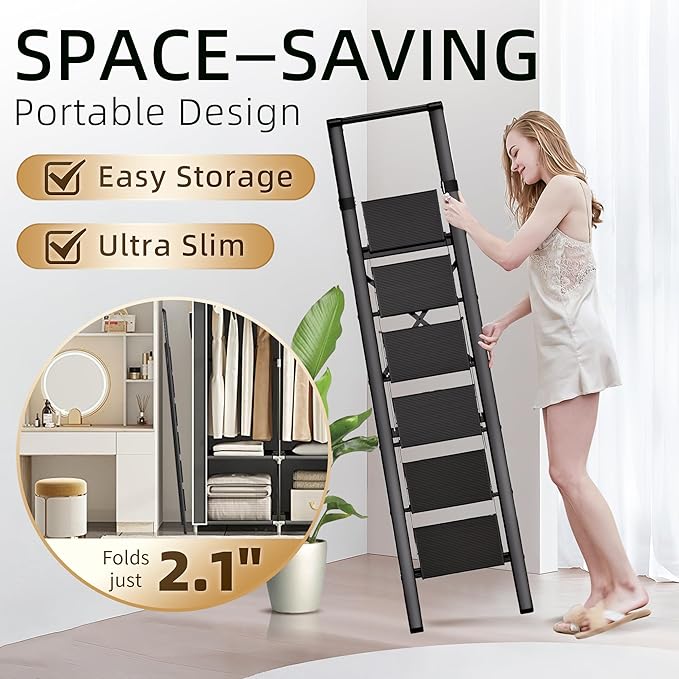 GameGem Step Ladder 6 Step Folding, Aluminum Ladders for High Ceilings, Tall Closet, Cabinet, 6 ft Lightweight Step Ladder with Anti-Slip Foot for Home Use, 330Lbs Load, Black