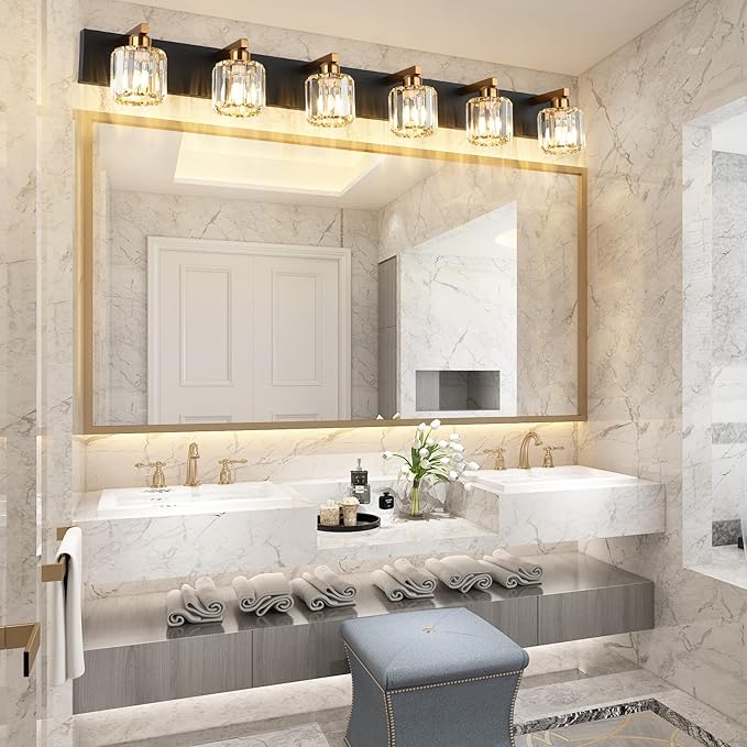 Aipsun Bathroom Light Fixtures Crystal Vanity Light Black and Gold 6 Lights Vanity Lighting Fixtures (Exclude Bulb)