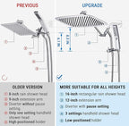 G-Promise All Metal 16 Inch Shower Head with Massage Mode Handheld, Rain Shower Head with Handheld Spray Combo, 3-Way Diverter with Pause Setting, 12 Inch Adjustable Extension Arm (Chrome)