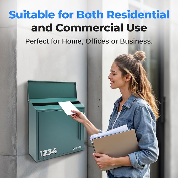 SereneLife Outdoor Wall Mailbox | 0.46 Cubic FT Locking Mailbox | Easy Installation, Secure Lock Mechanism | Ideal for Residential or Commercial Use | Wall Mountable 13.77" x 4.52" x 12.99 | Green