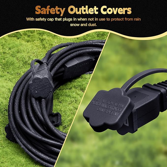 50FT Outdoor Extension Extension Cord for Halloween Christmas Inflatables with Multiple Outlets Black Electrical Cord with Multiple Plugs Outdoor Christmas Blow Up Decorations Light Extension Cords