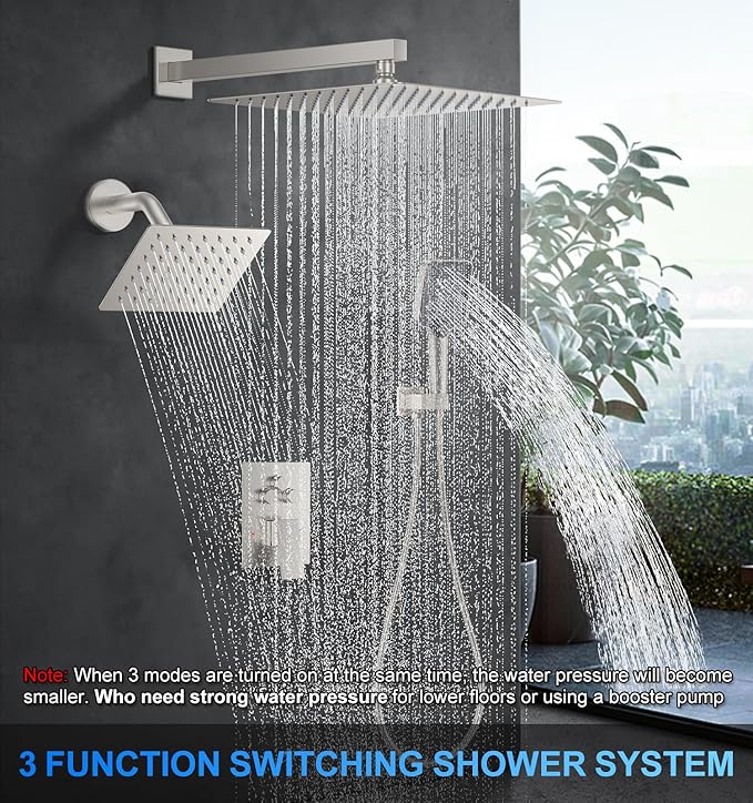 Shower Faucet Set, 12" Wall Mount Rainfall Shower System with 2 Rain Shower Head and Multi-function Handheld Head Push Button Diverter Shower Faucet Trim Kit, Brushed Nickel