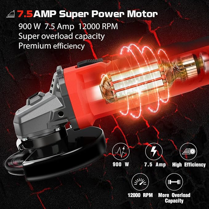 7.5Amp 4-1/2 Inch 12000 RPM Angle Grinder with 2 Guards, 3 Cutting Wheels, 3 Discs, Non-Slip Handle and Carbon Brush for Metal and Wood