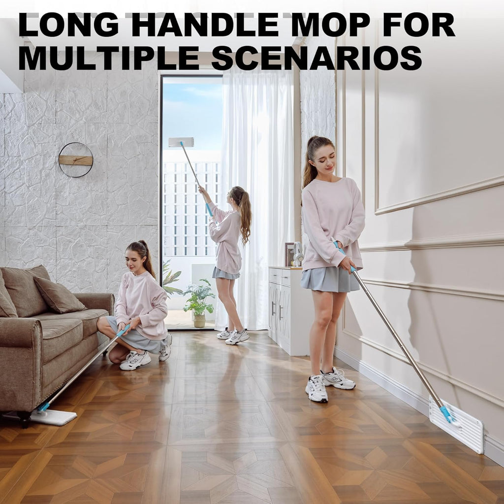 Mop and Bucket Set with Wringer, Dry & Wet Wall Mop Cleaner with Long Handle, Flat Squeeze Spin Dust Mop for Household Floor Cleaning with 4 Microfiber Mops, Turquoise-Cyan