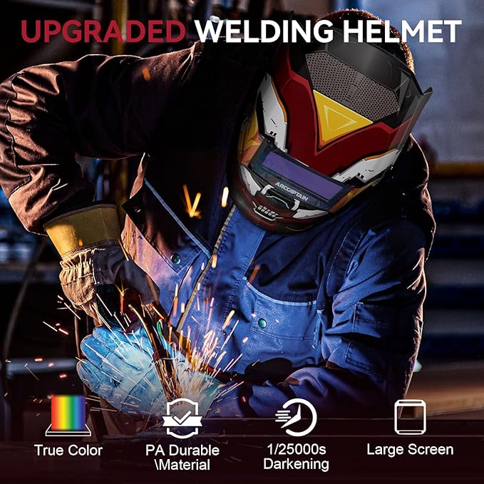 ARCCAPTAIN True Color Welding Helmet, 4 Arc Sensor Auto Darkening Welding Hood, Solar Powered Welding Mask, 1/1/1/1 Top Optical Clarity Welder Helmet, Wide Shade 4/9-13 for TIG MIG ARC, Radiant
