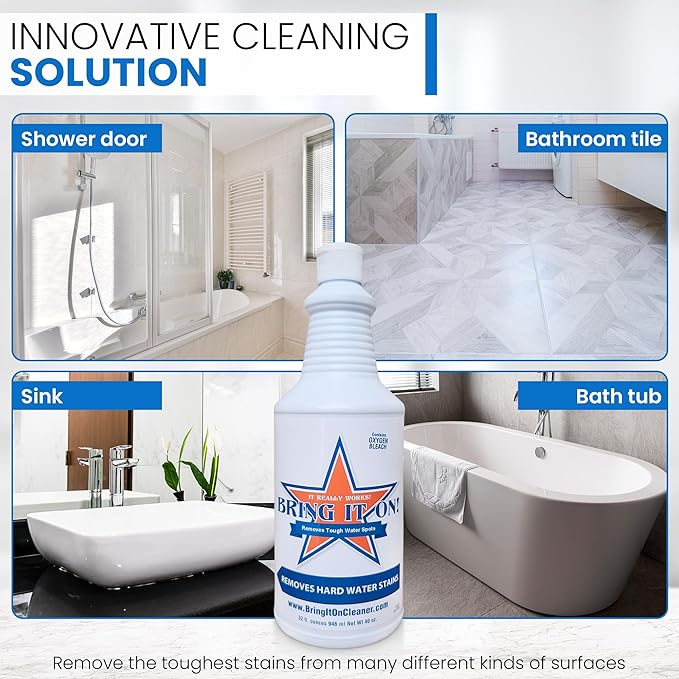 BRING IT ON! CLEANER Hard Water Spot Remover Plus 2 Drill Brush Attachments | Clean Tile and Grout | Shower Doors Cleaner | Scrub Off Mold and Mildew With Ease
