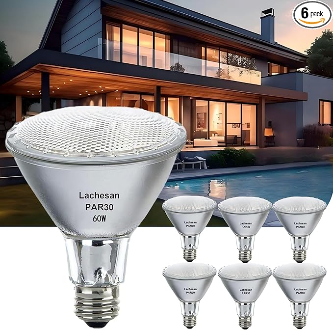 Par30 Long Neck Halogen Flood Light Bulbs 6pcs, 60W 120V 2700K Warm White Dimmable High Brightness, E26 Base, Great for Accent Lighting, Tracking, Recessed Bulb