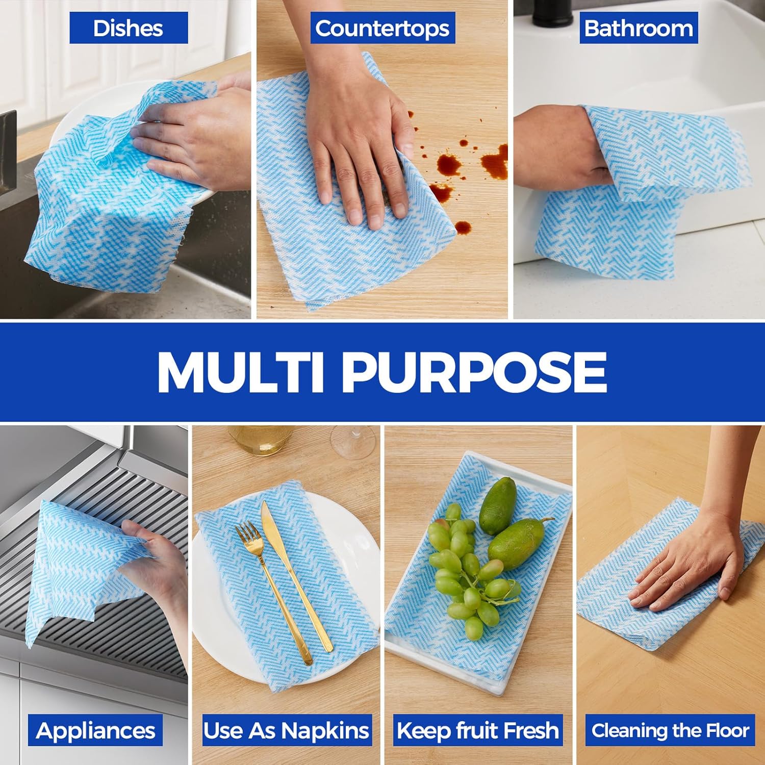 Disposable Cleaning Rolls Handi Wipes Reusable Cleaning Cloths Reusable Dry Kitchen Towels Dish Cloths Dish Towels 1 Roll, Total 100 Pcs, Blue