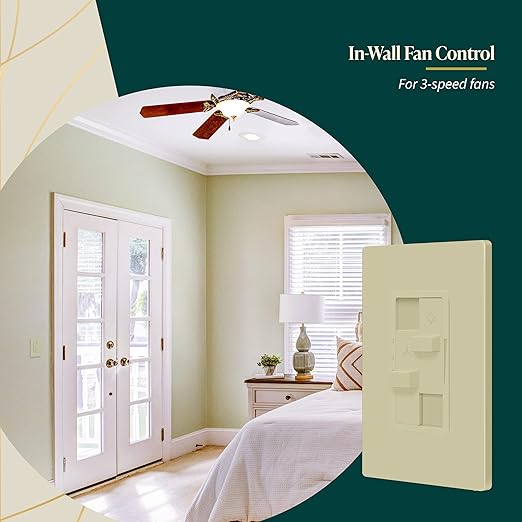 TOPGREENER Kalide Combo Dimmer Switch with 3-Speed Fan Control, Light and Fan Combination Switch, Single Pole, 2.5A, 200W LED/CFL, Neutral Wire Not Required, TGDSFS3-I, Ivory