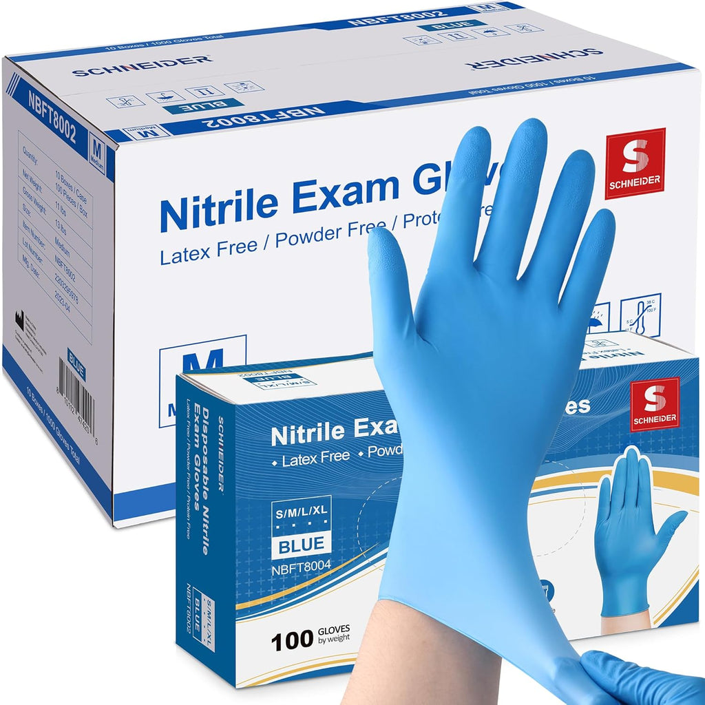 Schneider Nitrile Exam Gloves, Medium, Case of 1000, Heavy Duty Disposable Gloves, Textured, Latex Free, Food Safe, Industrial Gloves for Medical, Cleaning, Cooking, Blue