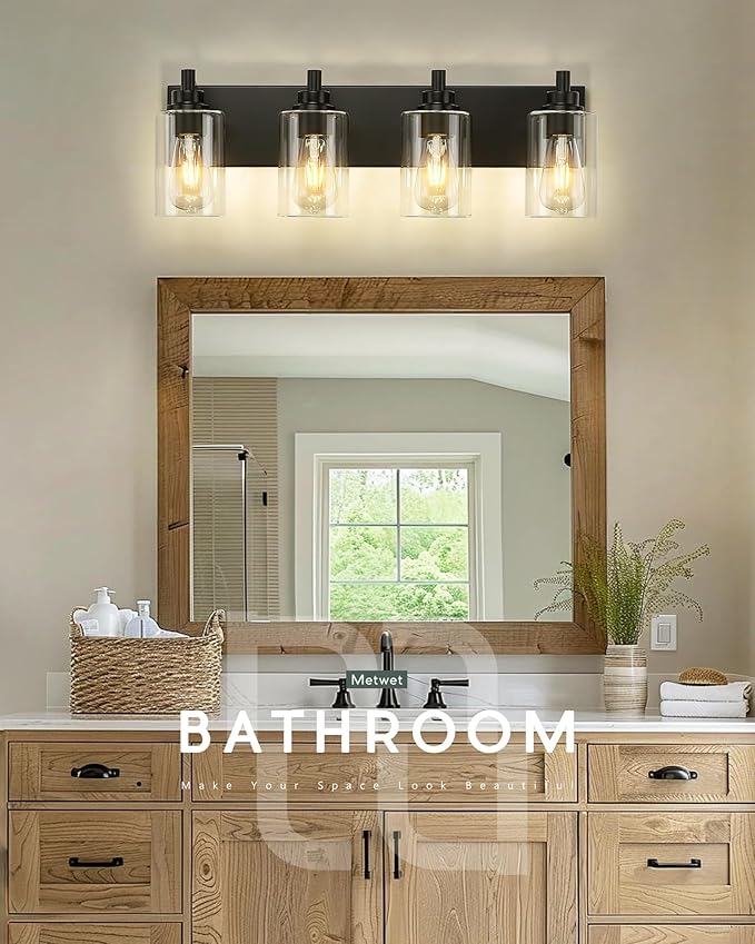 4-Light Bathroom Light Fixtures, Black Vanity Light with Cylinder Clear Glass Shade, Modern Vanity Lighting Fixtures Over Mirror, VL143-MB-4