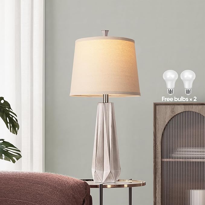 WIHTU 3 Color Temperature Table Lamps Set of 2, Beside Lamp with Linen Shade, 27'' Light Wood Color Modern Table Lamp for Living Room, Resin Desk Lamp for Nightstands Bedroom Decor (2 Bulbs Included)