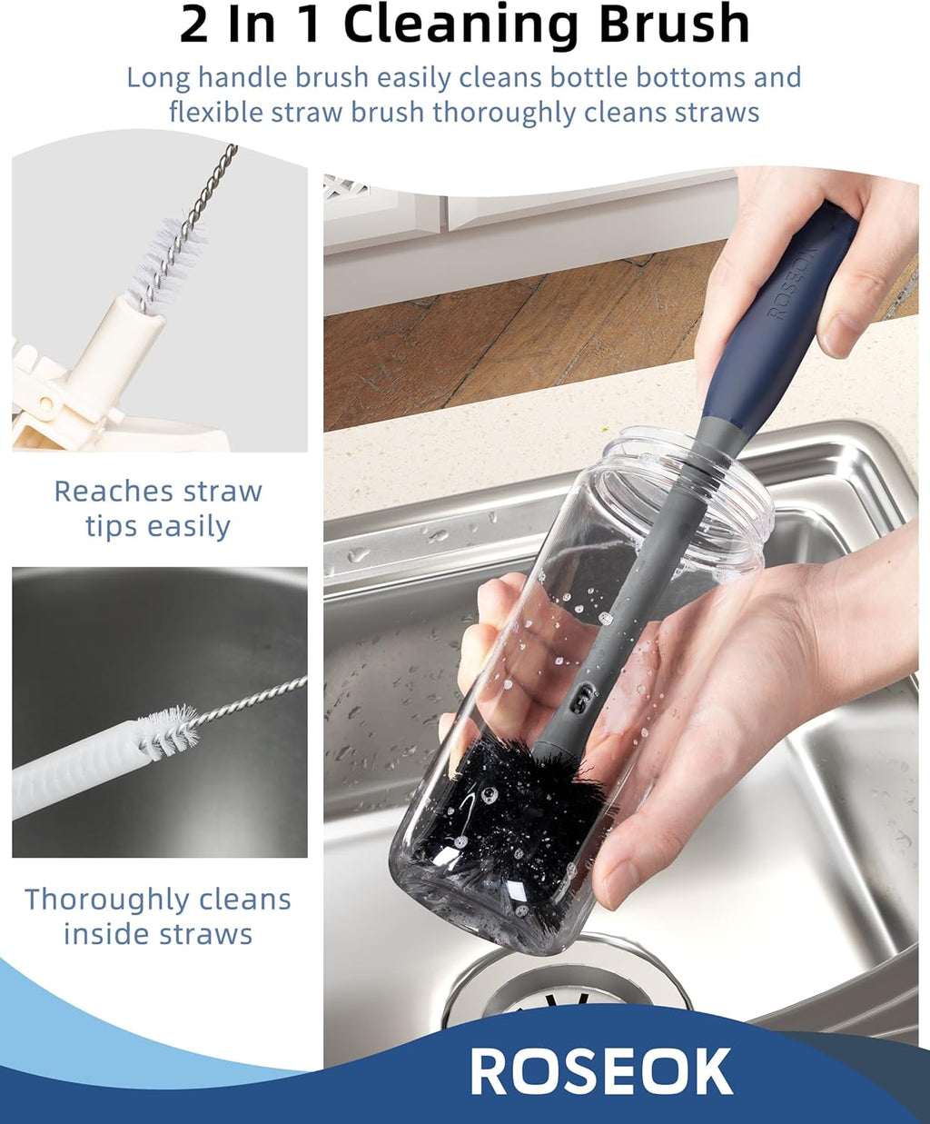 2 in 1 Long Handle Bottle Brush with Straw Brush for Cleaning Glass, Sports Bottle, Coffee Mug, Gray, 1 Pack