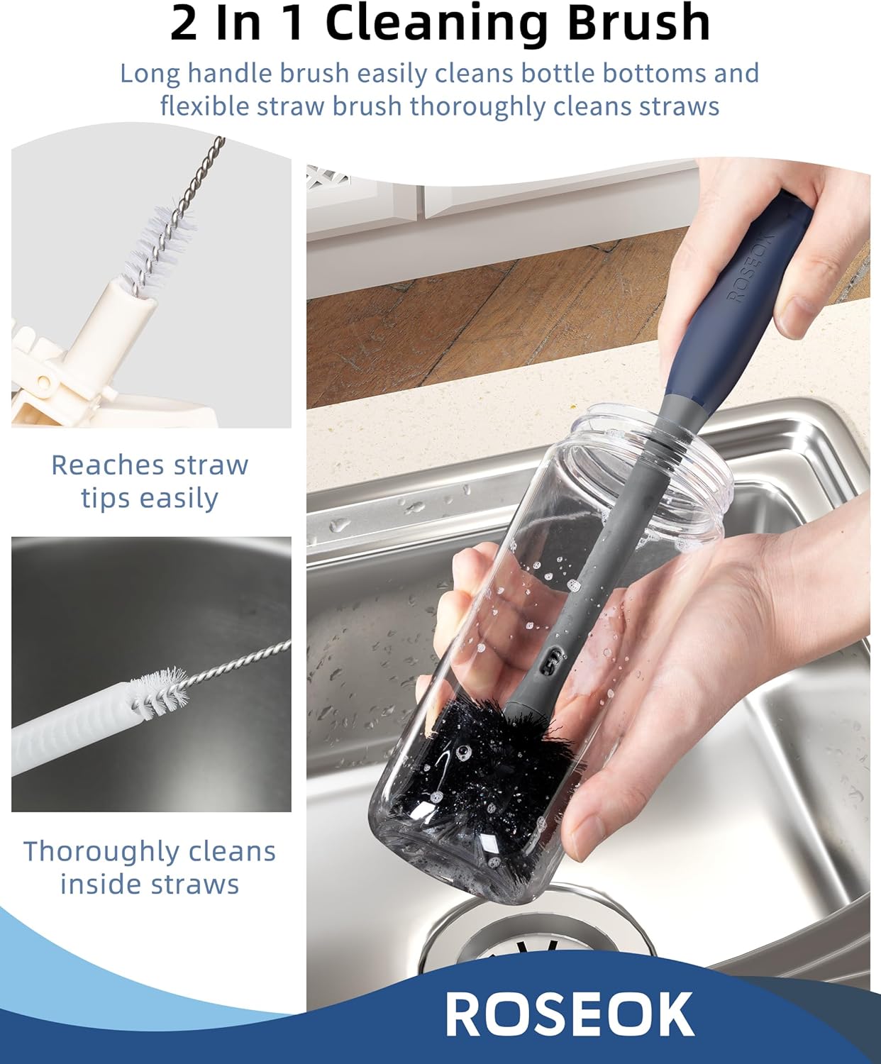 2 in 1 Long Handle Bottle Brush with Straw Brush for Cleaning Glass, Sports Bottle, Coffee Mug, Gray, 1 Pack