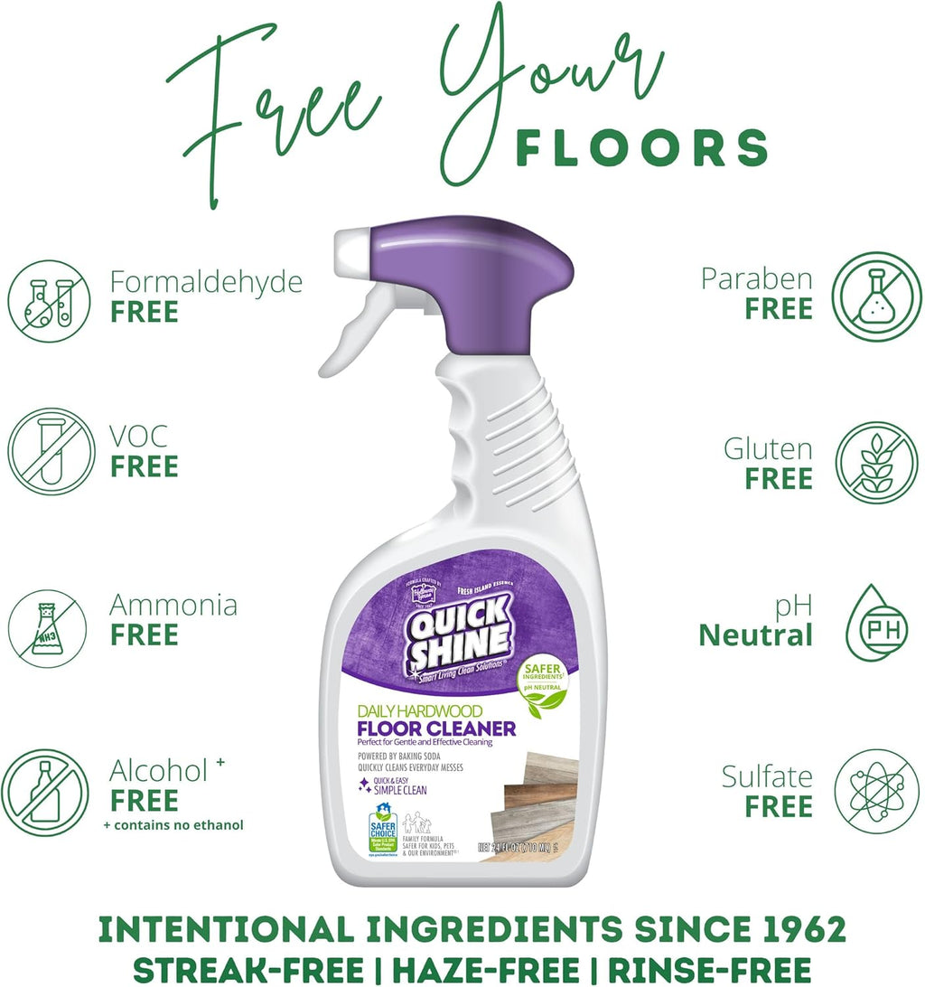 Quick Shine Hardwood Floor Cleaner Daily Care 24oz | Naturally Cleans Dirt & Scuff Marks | Dirt Dissolving, Streak Free, No Rinse & Ready to Use | Spray, Wipe, Done! | Safer Choice Cleaner