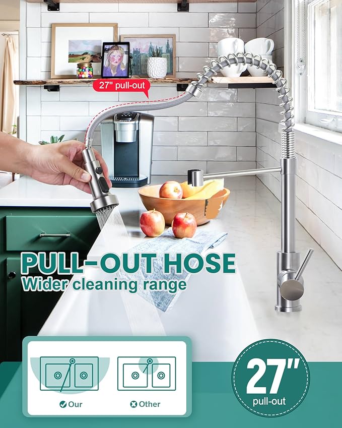 Kitchen Faucets with Pull Down Sprayer: Brushed Nickel 3-Function Kitchen Sink Faucets for 1 or 3 Hole - Stainless Steel Single Handle Spring Kitchen Faucets with Deck Plate for Farmhouse RV Laundry