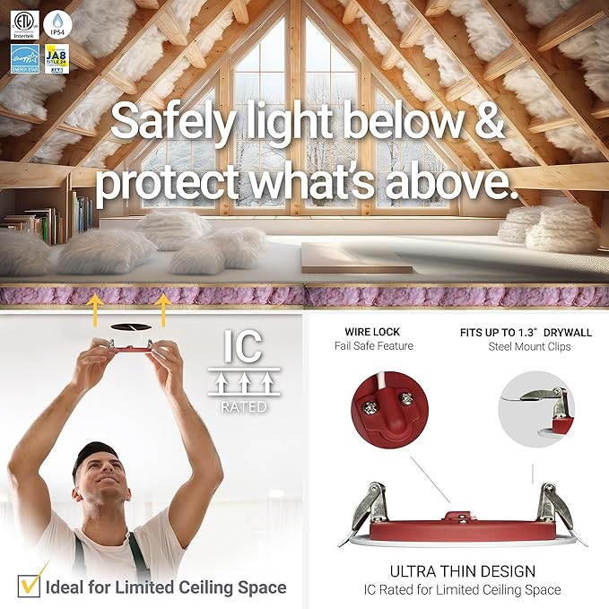 NUWATT 12 Pack 4 Inch 2 Hour FIRE Rated Baffle LED Recessed Lighting, 27K/30K/35K/40K/50K 5CT Selectable, Dimmable, 900LM, IC Rated, 4in Anti-Glare Wafer Lights, Wet Rated Downlight, No Tenmat Needed