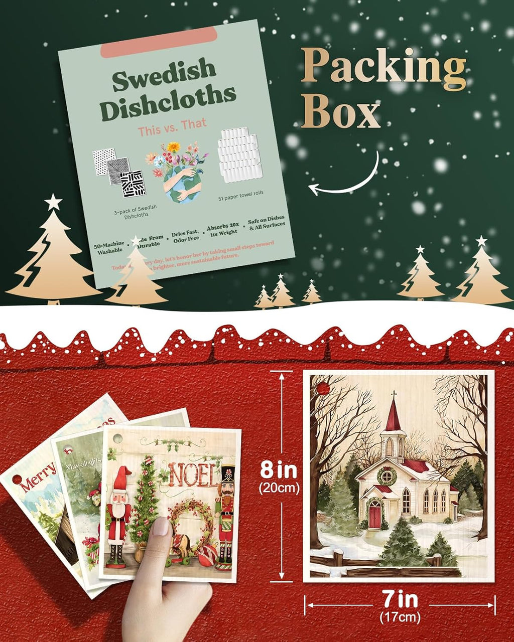 6 Pack Christmas Swedish Dishcloths for Kitchen - Reusable Dish Cloths for Washing Dishes Absorbent Cute Holiday Kitchen Towels Cleaning Sponge, Xmas Theme