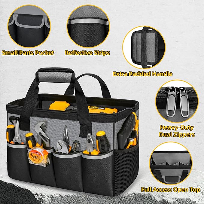 Tool Bag, Portable Tool Box Organizer Adjustable Shoulder Strap, Carry Tool Tote Heavy Duty Tool Storage Bag With Wide Mouth,Tool Bags for Men Mechanic EngineerGift - L, Dark Grey & Black