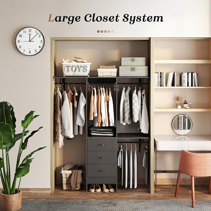 YOUDENOVA 5FT Wood Closet System with 3 Drawers, 59 Inches Wood Closet Organizer System, Walk-in Closet Built In System Tower with Shelves, Closet Wardrobe Clothes Garment Rack, Black